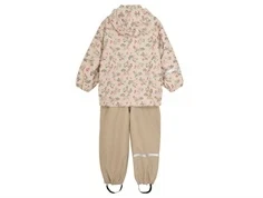 CeLaVi regntøj beige med blomster jakken har blomster og bukserne er ensfarvede